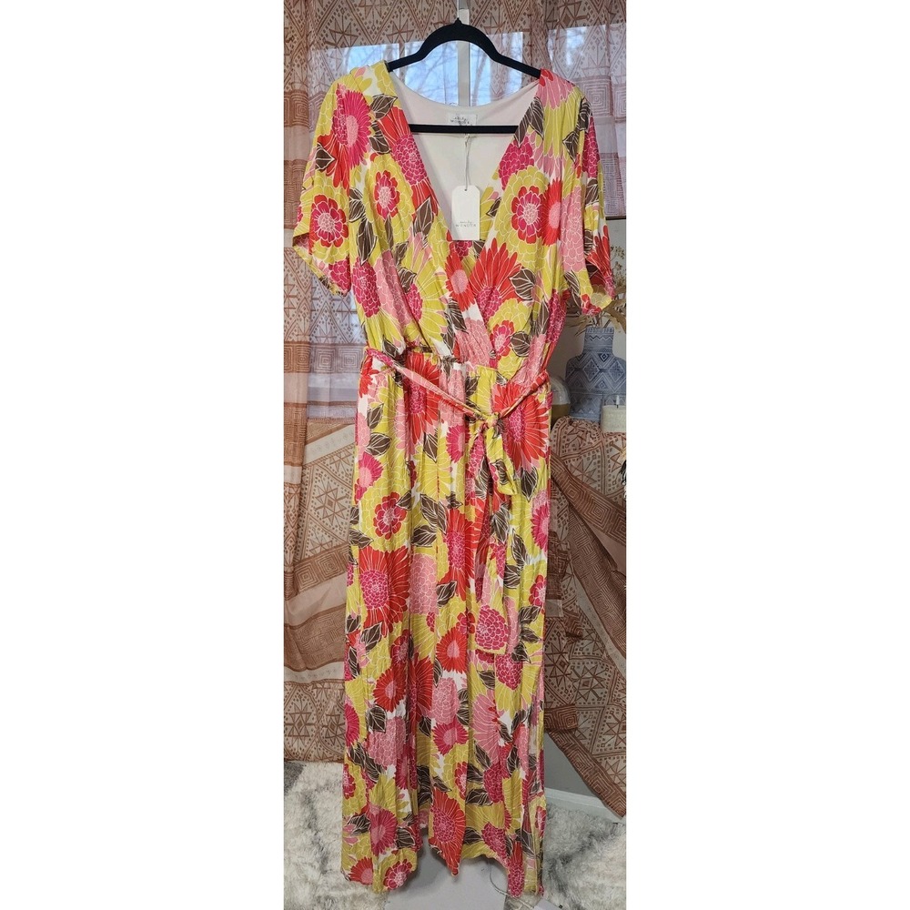 Emily Wonder Floral Maxi Dress Tie Waist V-Neck Yellow Pink Red 3X